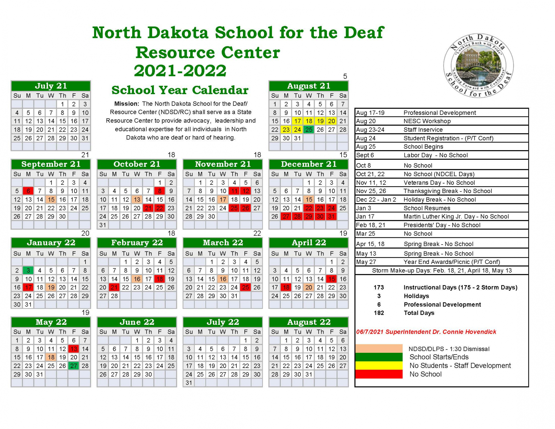 Academic Calendar School for the Deaf, of North Dakota