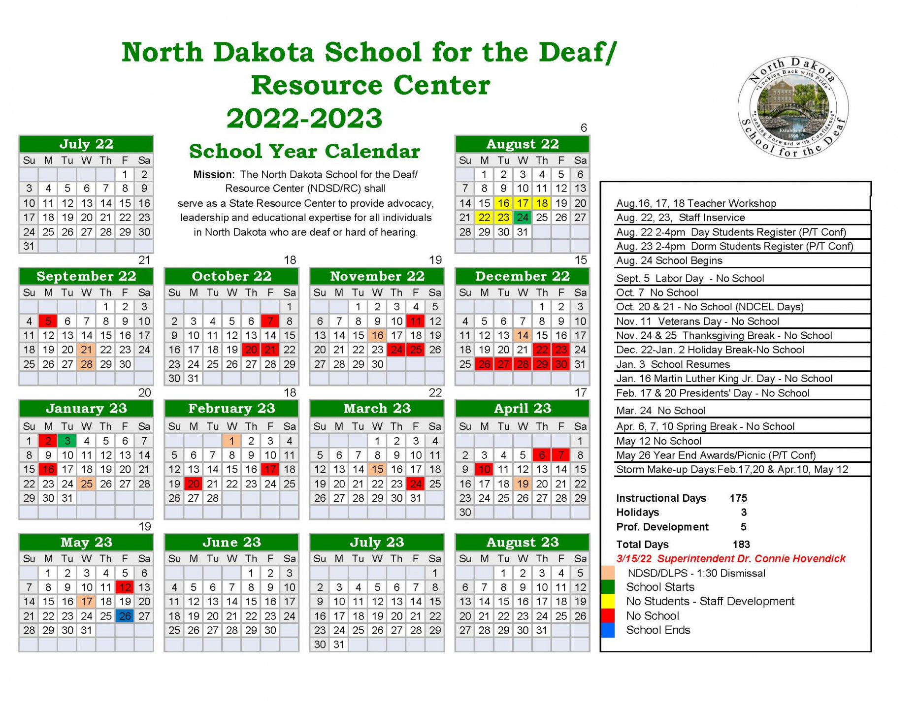 2022-2023 School Calendar with dates of no school etc.