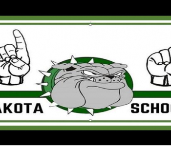 Finger spelled N D S D (North Dakota School for the Deaf) with a picture of a Bulldog in the middle